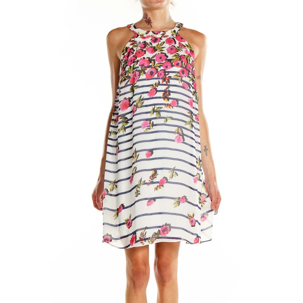 Betsey Johnson Floral Stripe Halter Shift Dress Pink Navy White Size 14